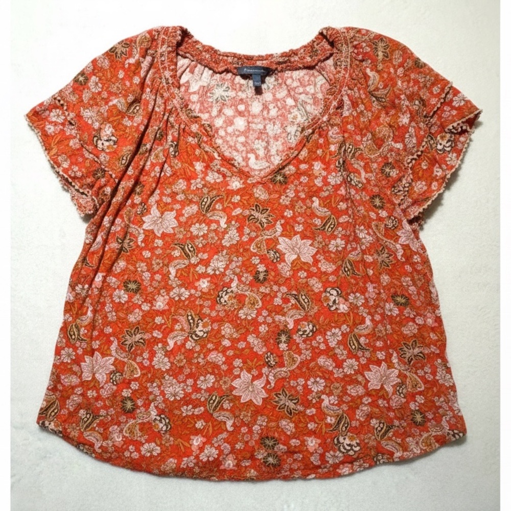 Democracy Floral V-neck Blouse Top Orange Red Boho Cottage Women’s Size L